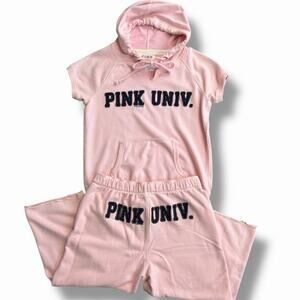 2008 Victorias Secret Pink Sweat Set Pink Univ. Short Sleeve Cropped Sweatpants